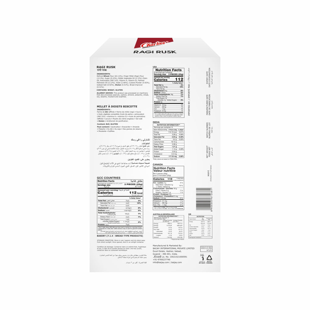 Charliee Ragi Rusk 200 g - back of pack