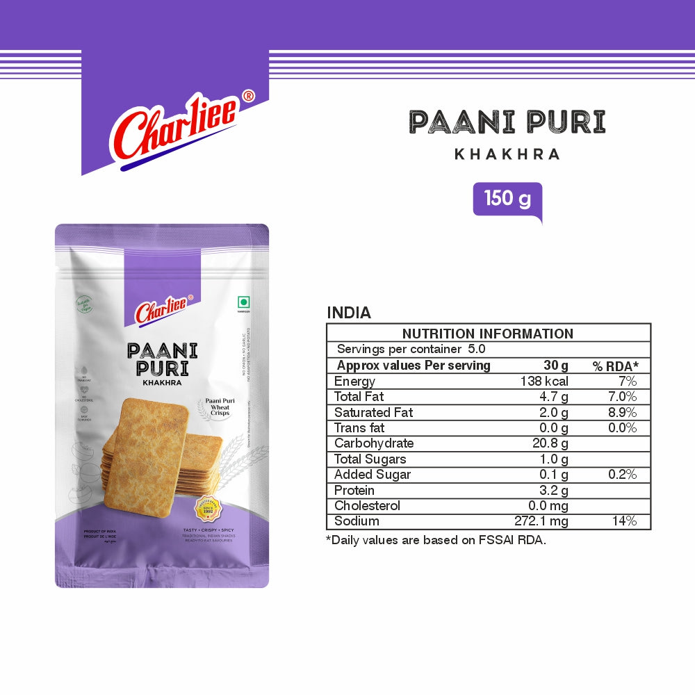 Charliee Paani Puri Khakhra 150 g - nutrition information