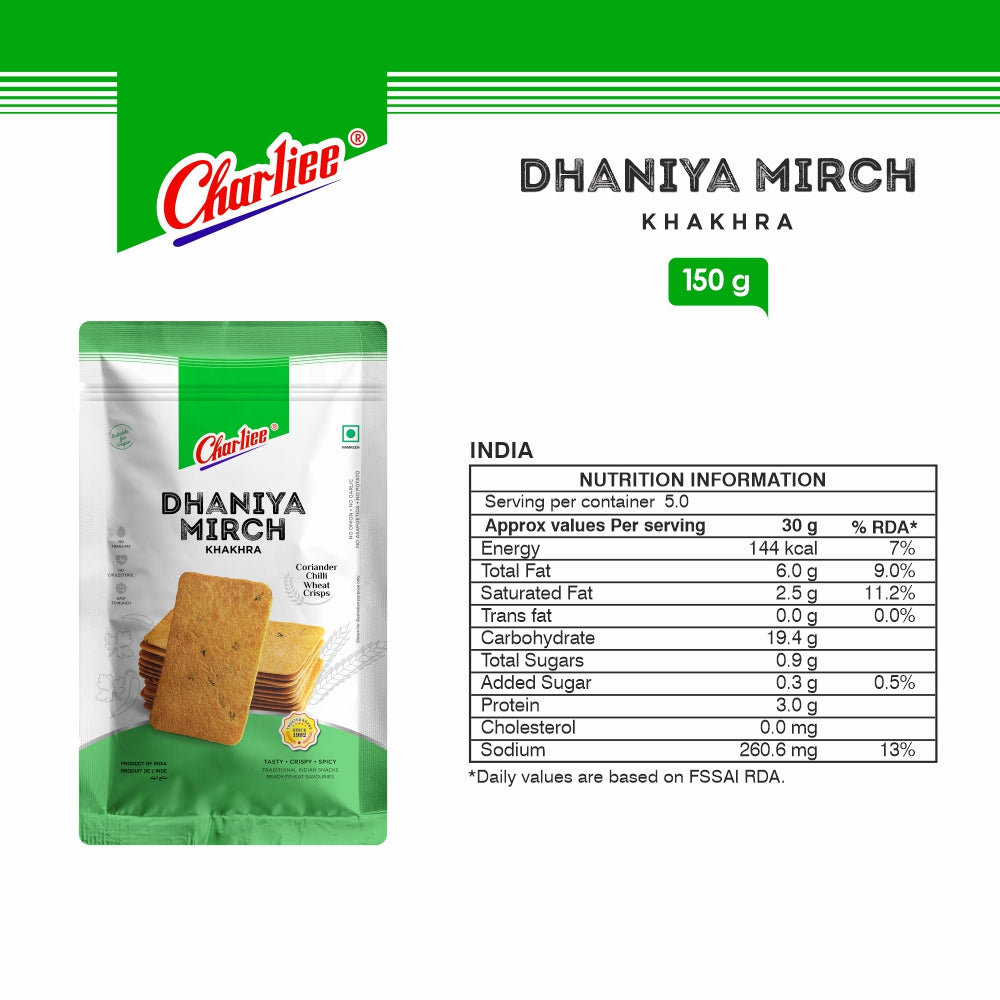Charliee Dhaniya Mirch Khakhra 150 g - nutrition information