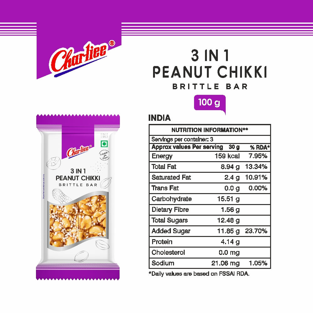 Charliee 3 in 1 Peanut Chikki 100 g - nutrition information