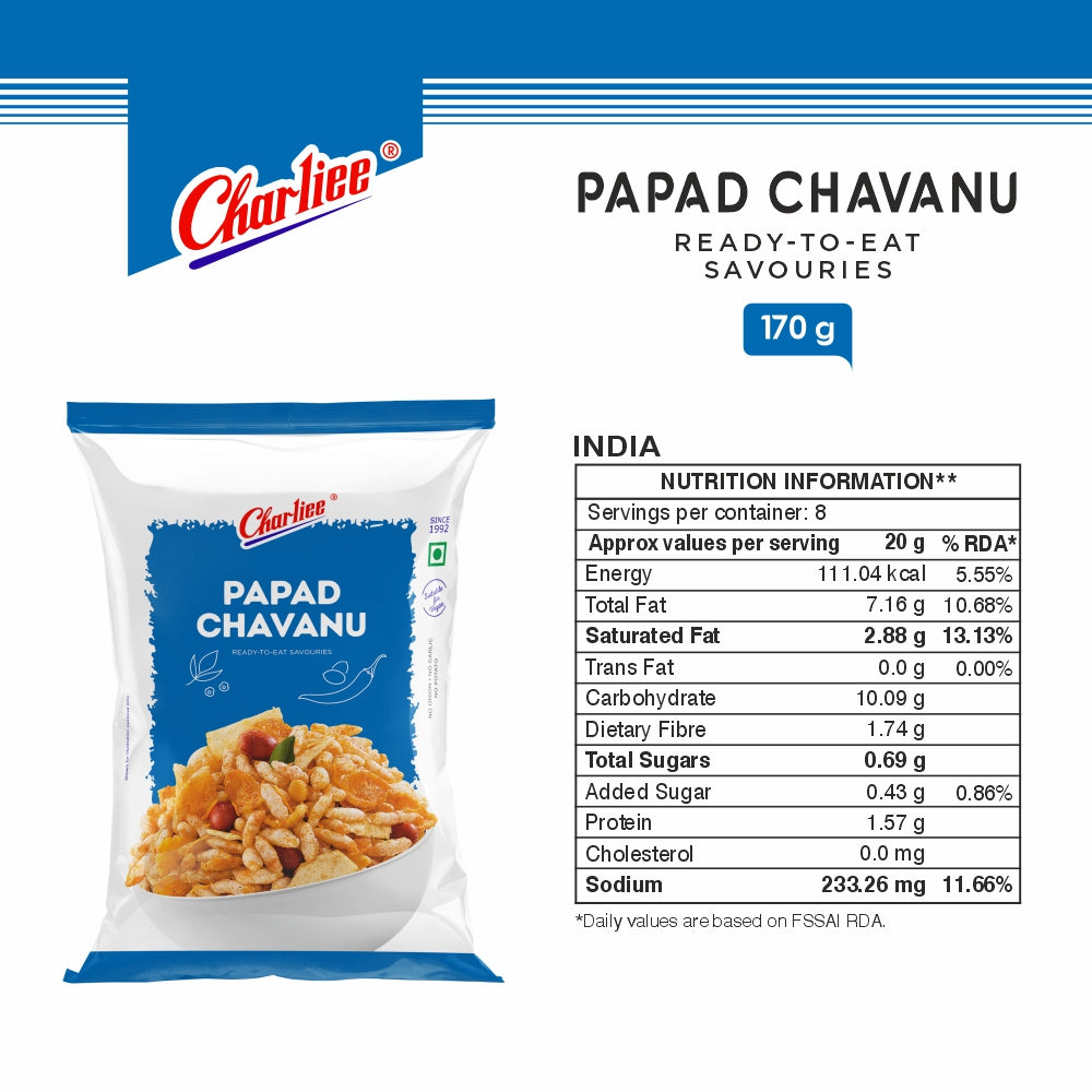 Charliee Papad Chavanu 170 g - nutrition information